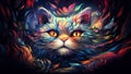 Vivid psychedelic cat face with saturated multicolored fur captivating mystique of feline beauty