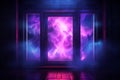 Vivid purple and blue energies swirl behind the glass doors of a dark room