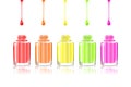 Vivid Rainbow nail polish bottles. Multicolored drips isolated on white background. Vector illustration eps10: mesh and gradient.