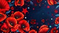 Vivid red poppies interlace with stars on a dark background, creating a striking homage to bravery and remembrance for
