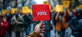 Vivid red VOTE banner amidst energetic rally. Hand holding VOTE sign. Call for voting at a dynamic street demonstration