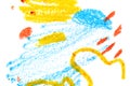 Vivid scribbles abstract hand drawn pastel illustration. Blue and yellow paint swirl, zig zag, stains.