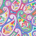 Vivid seamless paisley pattern. Red yellow blue multicolored tile ornament. Hippie Colorful wallpaper. Indian decorative print