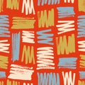 Vivid seamless pattern with colorful paint smears or marks on red background. Decorative backdrop with rough brush