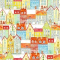 Vivid seamless pattern of watercolor medieval houses