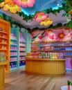 Vivid sensory branding shop, soft pastel colors, warm overhead lighting, wide-angle view