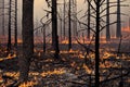 Vivid smoldered tree trunk firewoods burned in fire closeup. Warm logs, bright sparks atmospheric background of huge