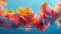 Vivid splash of colors in fluid motion resembling vibrant blooming flora against a clear blue sky.
