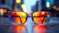 Urban Clarity: Glasses on City Street at Twilight. Generative Ai Royalty Free Stock Photo