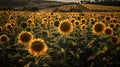 Vivid sunflowers bloom gracefully in a sun-kissed, golden field