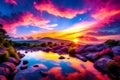 Vivid sunset casts the sky in pink and blue tones. reflecting on a pond Royalty Free Stock Photo