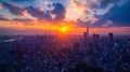 Vivid sunset cityscape from above high resolution aerial view with stunning skyline details