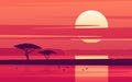 Vivid sunset over the african lake. Vector illustration