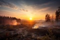 a vivid sunset over a clear-cut forest with smoke rising from burning debris