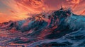 Vivid sunset over turbulent ocean waves Royalty Free Stock Photo