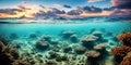 A vivid sunset and vibrant underwater panorama unfolds. Generative AI