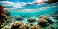 A vivid sunset and vibrant underwater panorama unfolds. Generative AI