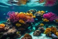 AÂ vivid, surreal-colored coral reef beneath the sea.