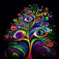 Colorful surreal eyes on leaves. AI generative