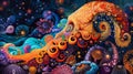 Vivid and surreal underwater scene painting featuring an ornate octopus among colorful