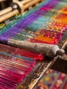 Vivid threads on a traditional weaving loom, capturing the essence of handcrafted textile production and cultural art. Royalty Free Stock Photo