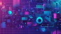 Vivid thumbnail illustration of gears, circuits, and tools against a grid in blue, purple, and teal Royalty Free Stock Photo