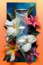 Vivid Time Concept: Hourglass Amidst Tropical Blooms on Colorful Background