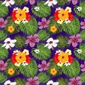 Topical Botany Hibiscus flower and Monstera leaf seamless pattern chic fashion design with dark purple background