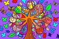 Vivid tree with intricate patterns, surrounded by colorful butterflies on a radiant purple background