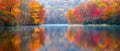 Vivid Tree Leaves Reflect In Serene Lake Amidst Stunning Fall Scenery