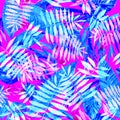 Blue Leaves pattern on a magenta background. Watercolour Foliage painting illustration tropical backdrop. Royalty Free Stock Photo
