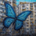 vivid turquoise butterfly design painted on an exterior wall of a building in a rural town