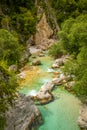 Vivid turquoise Soca river valley near Bovec in Triglav National Park, Julian Alps, Slovenia Europe. Royalty Free Stock Photo