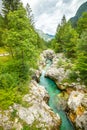 Vivid turquoise Soca river valley near Bovec in Triglav National Park, Julian Alps, Slovenia, Europe. Royalty Free Stock Photo