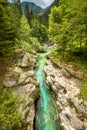 Vivid turquoise Soca river valley near Bovec in Triglav National Park, Julian Alps, Slovenia Europe. Royalty Free Stock Photo