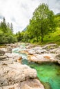 Vivid turquoise Soca river valley near Bovec in Triglav National Park, Julian Alps, Slovenia, Europe. Royalty Free Stock Photo