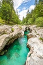 Vivid turquoise Soca river valley near Bovec in Triglav National Park, Julian Alps, Slovenia, Europe. Royalty Free Stock Photo