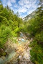 Vivid turquoise Soca river valley near Bovec in Triglav National Park, Julian Alps, Slovenia Europe. Royalty Free Stock Photo