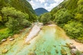 Vivid turquoise Soca river valley near Bovec in Triglav National Park, Julian Alps, Slovenia, Europe. Royalty Free Stock Photo