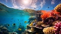 A vivid underwater photograph of a vibrant coral reef in danger of bleaching, portraying the fragile beauty threatened by ocean wa