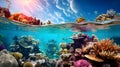 A vivid underwater photograph of a vibrant coral reef in danger of bleaching, portraying the fragile beauty threatened by ocean wa