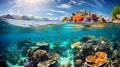 A vivid underwater photograph of a vibrant coral reef in danger of bleaching, portraying the fragile beauty threatened by ocean wa