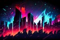 Vivid and vibrant city buildings view with sounds elements, colors particles. Audio music backgrounds. Generative AI. Royalty Free Stock Photo