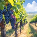 Vivid vineyard scene dark grapes hanging on lush green vines