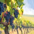 Vivid vineyard scene dark grapes hanging on lush green vines