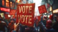 Vivid VOTE banner amidst energetic rally. Hand holding VOTE sign. Call for voting at a dynamic street demonstration