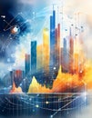 Vivid watercolor of 3D graph with rising bars and data points on a digital interface. Generative AI