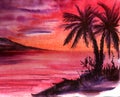 Vivid watercolor exotic landscape of scarlet sunset sky with purple clouds, pink water and dark silhouettes of coast with thick