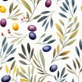 Vivid Watercolor Olives Seamless Pattern AI Generated