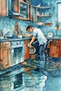 Vivid watercolor painting capturing a moment of domestic life with a man intently washing dishes in a sunlit kitchen